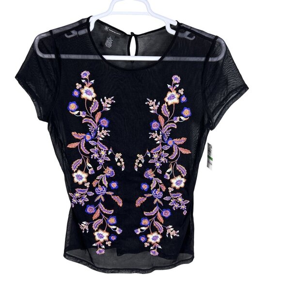 Inc NWT Womens L Sheer Mesh Top Black Floral Embroidered Y2K Witchy Whimsigoth - Picture 2 of 15